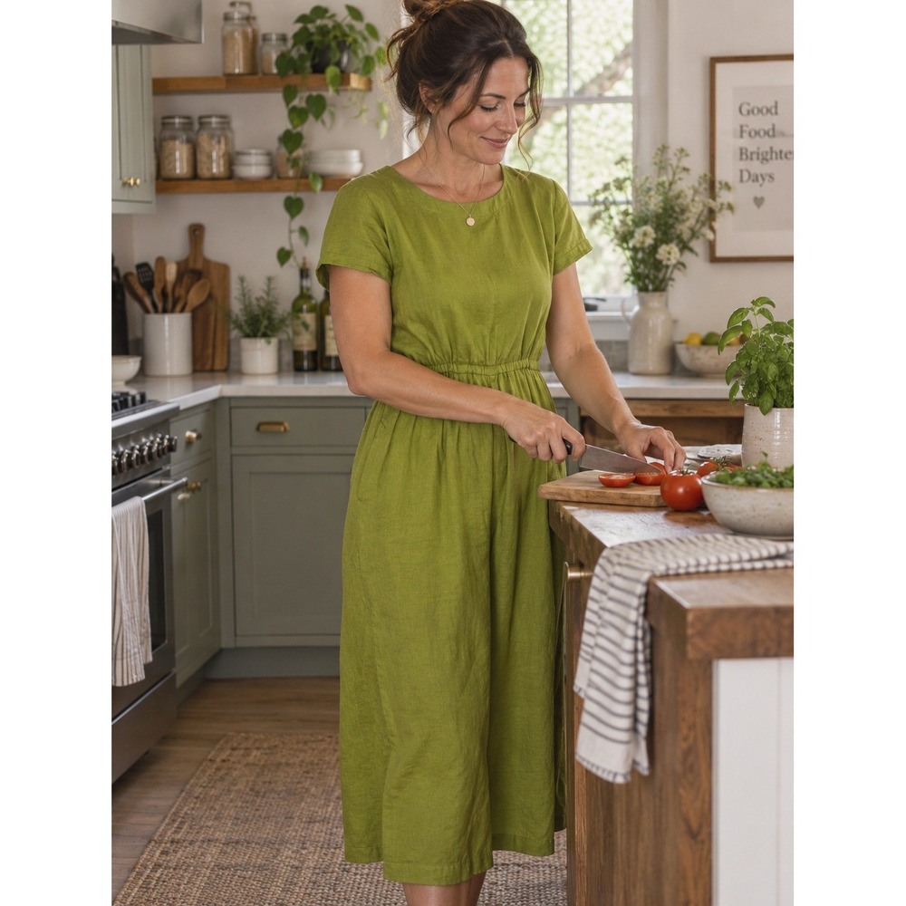 Not Perfect Linen Jumpsuit Womens M Green Short Sleeve Wide Leg Button Back